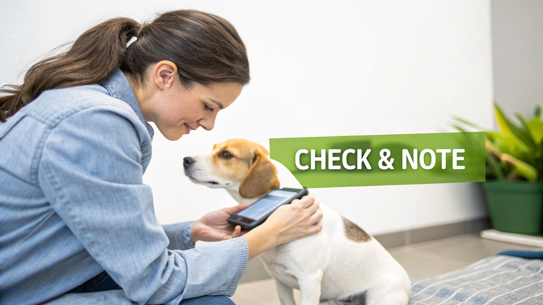 A smiling woman in a denim shirt holds a smartphone near a beagle dog, with a 'CHECK & NOTE' overlay.