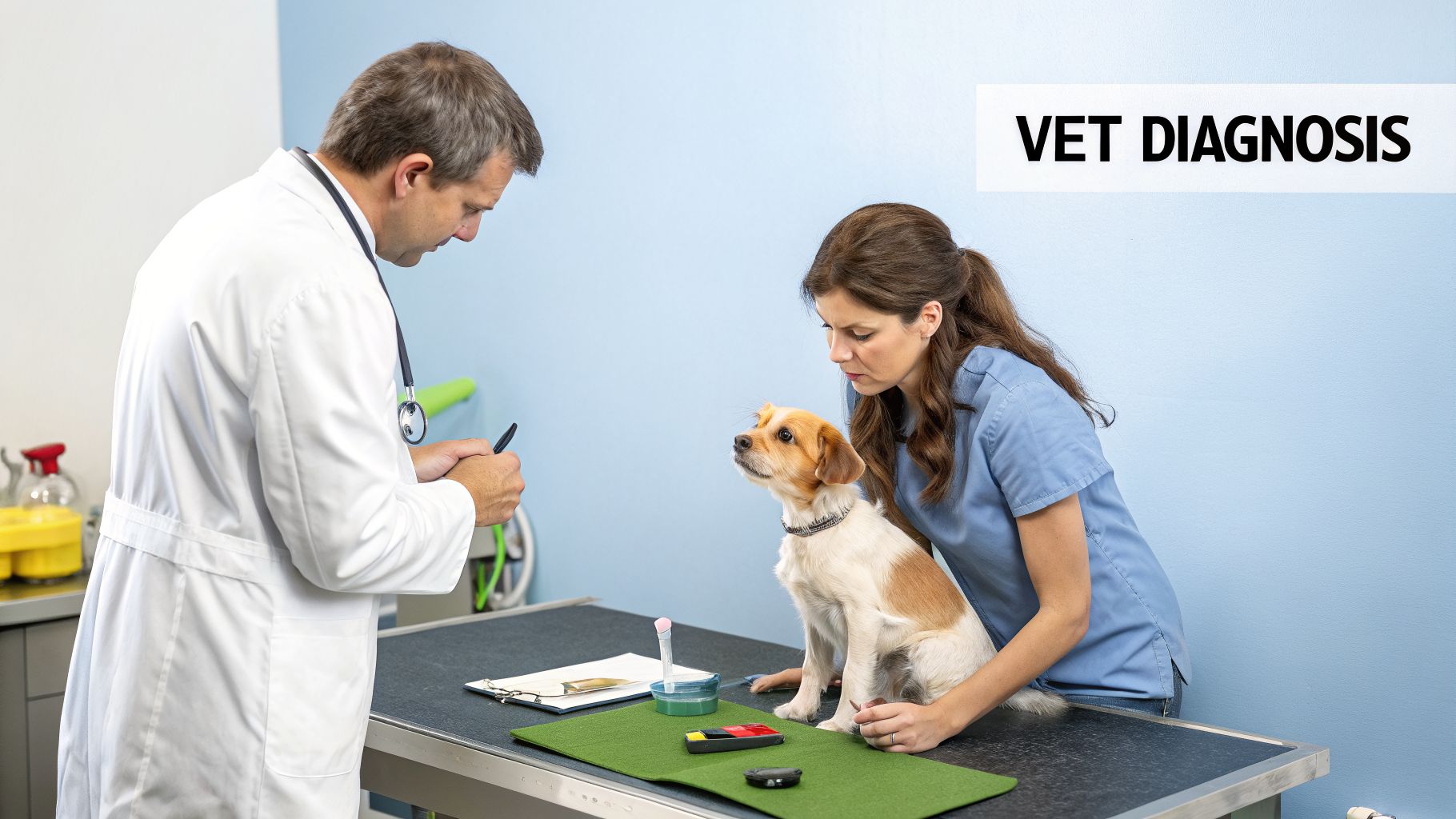 A male veterinarian and a female assistant examine a small dog on a table during a vet diagnosis.
