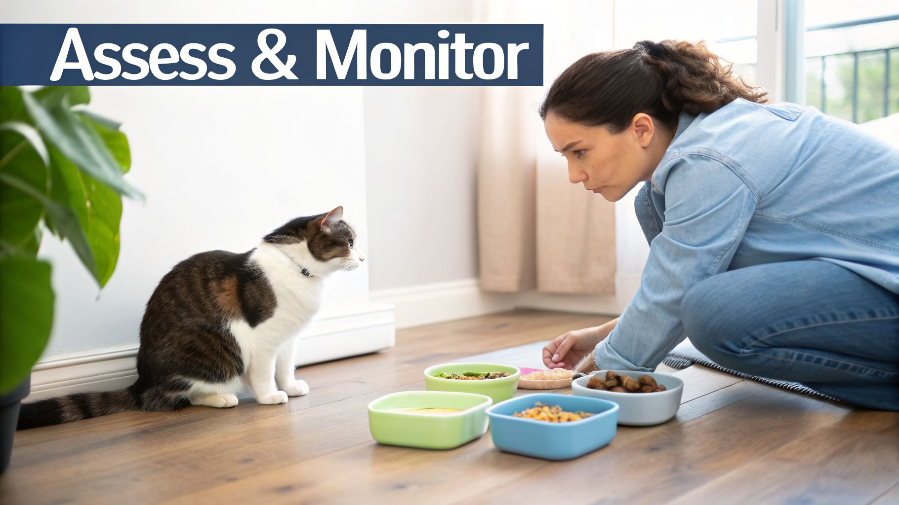 A woman crouches to offer several bowls of different foods to a domestic cat.