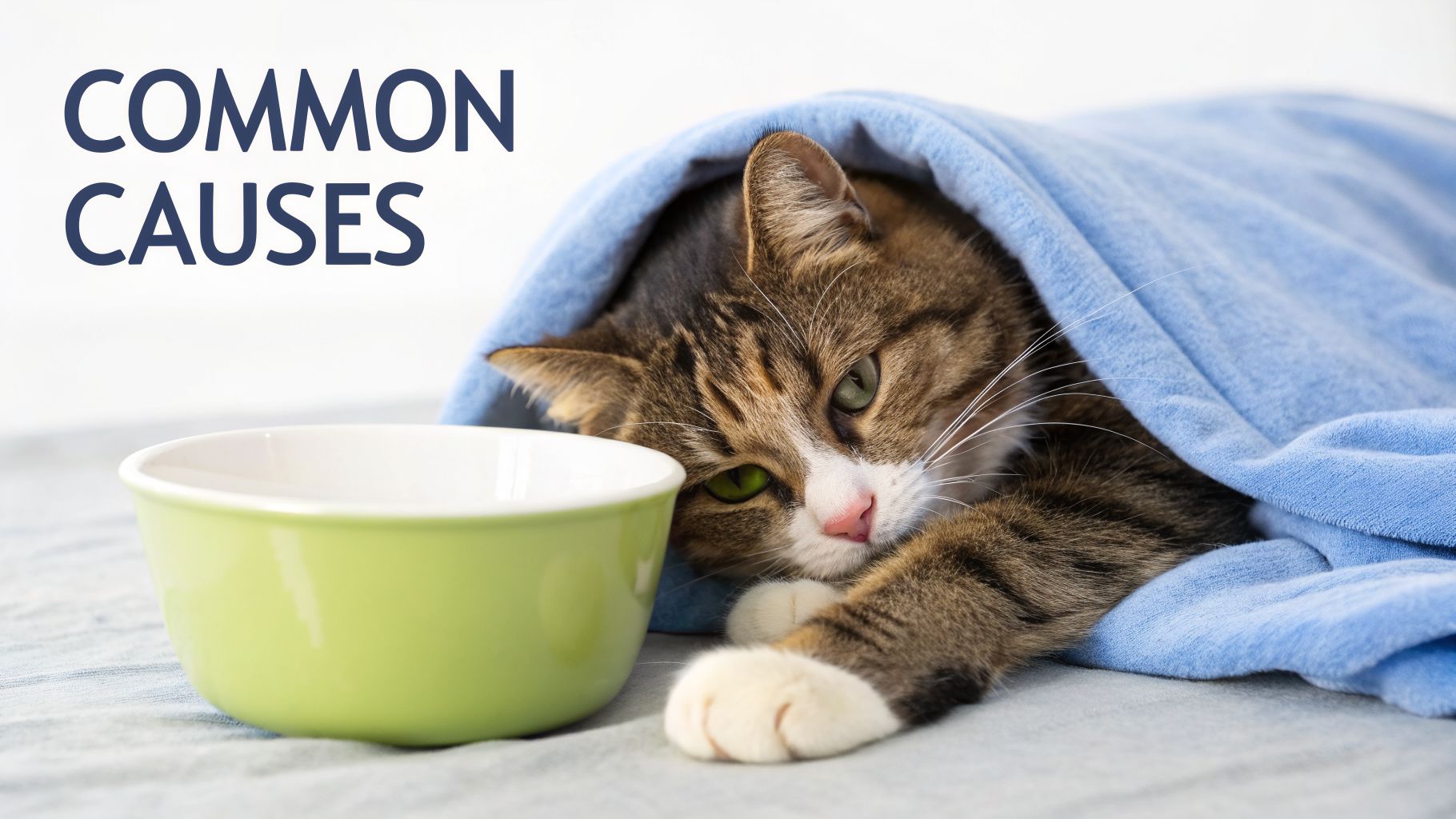A sick tabby cat in a blue blanket with an empty food bowl and text 'COMMON CAUSES'.