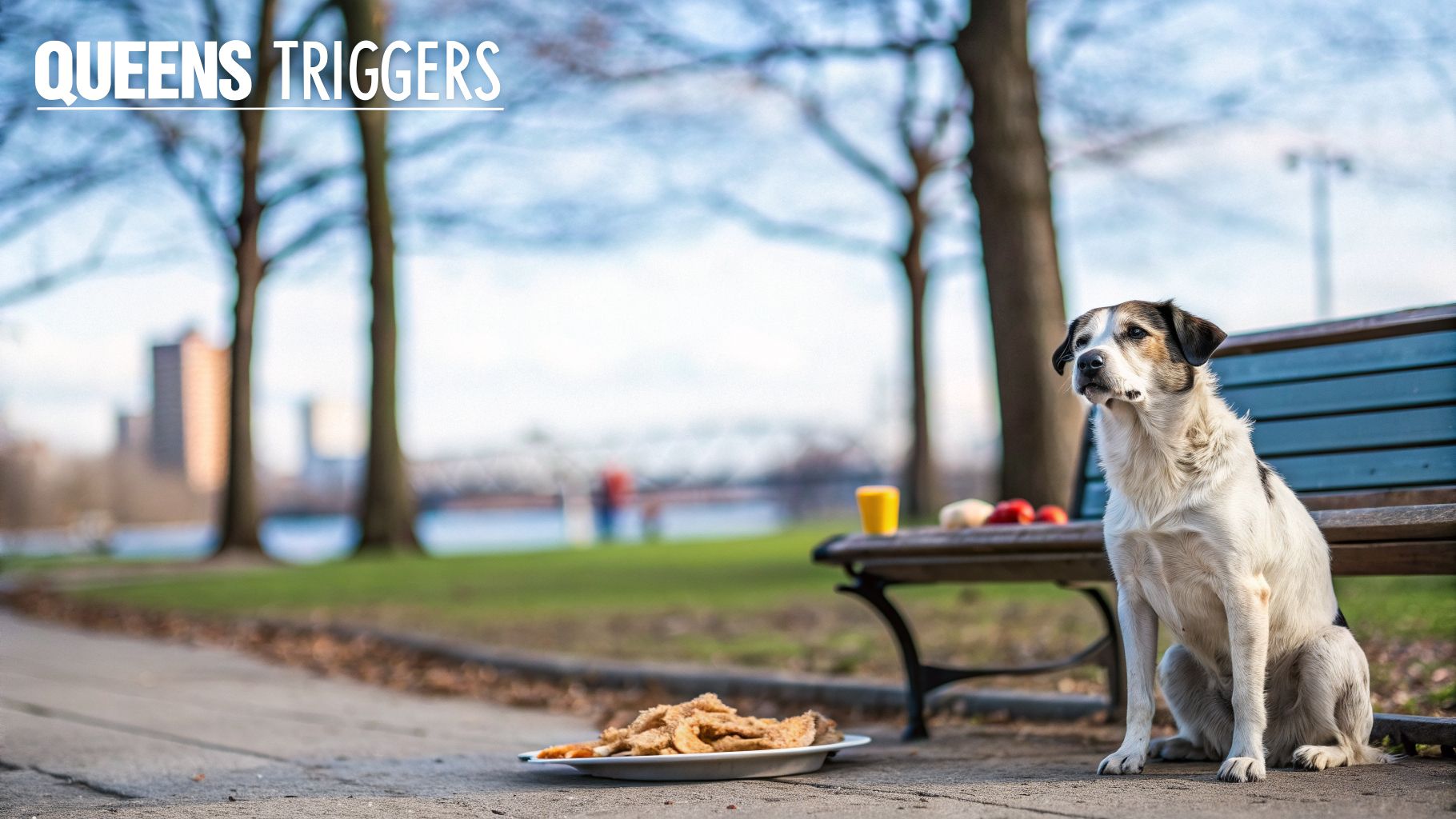 A dog sits next to a park bench with a plate of food on the ground, overlooking a city park.