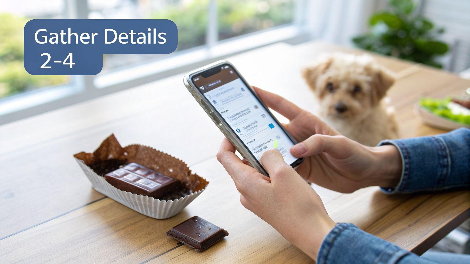 Person using a smartphone with chocolate on a table, and a small dog in the background.