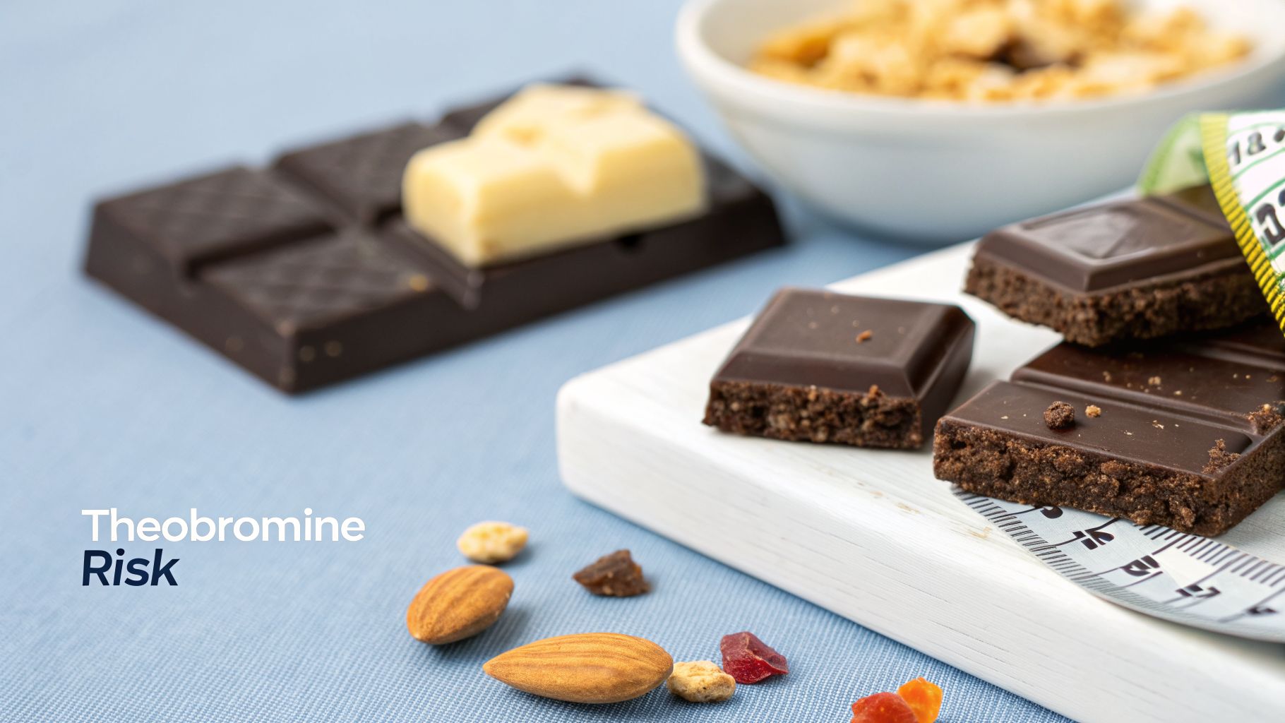 Dark chocolate pieces, almonds, dried fruit, and a measuring tape, with 'Theobromine Risk' text.