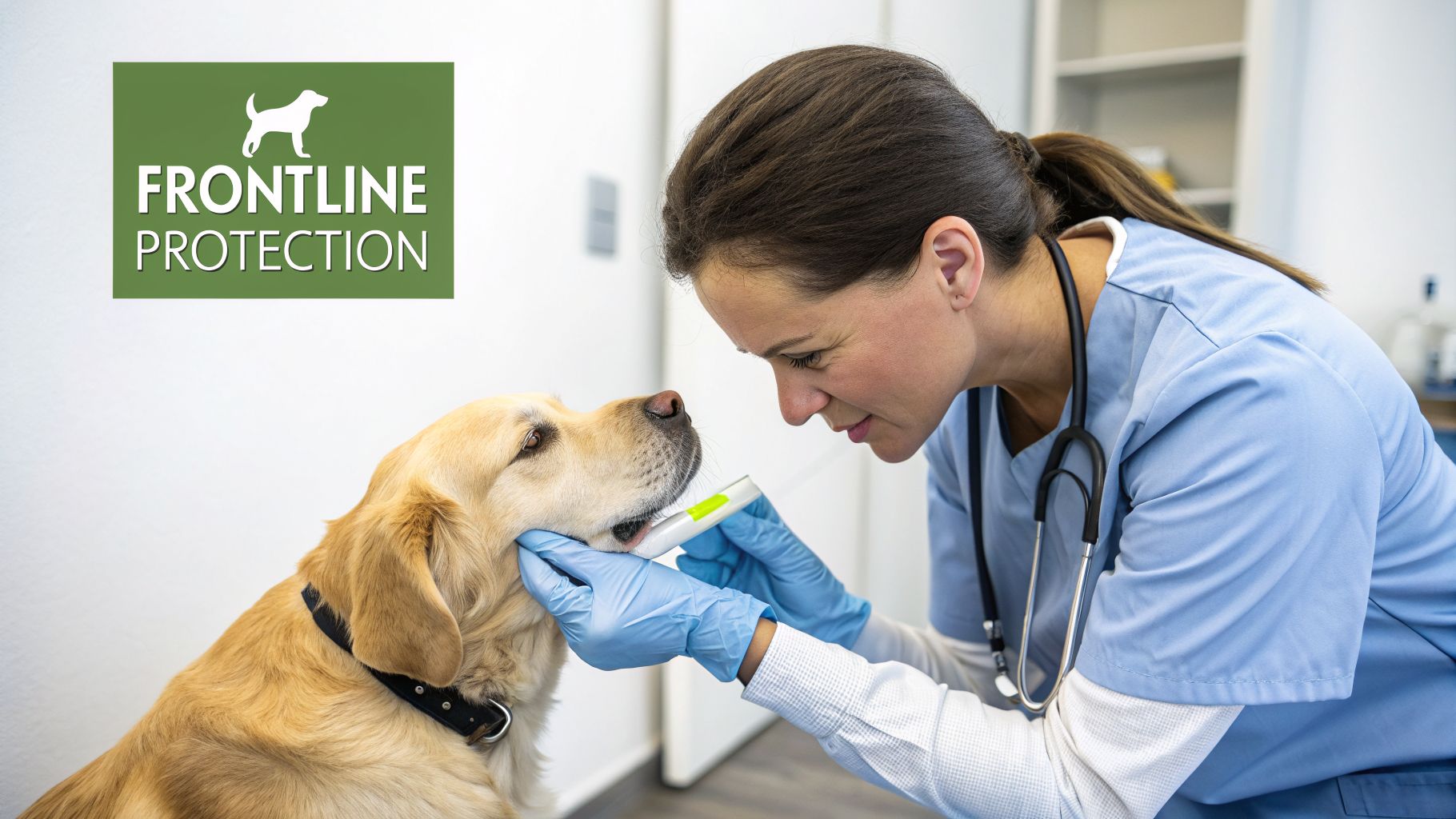 Female veterinarian administering Frontline flea and tick medication to a golden retriever.