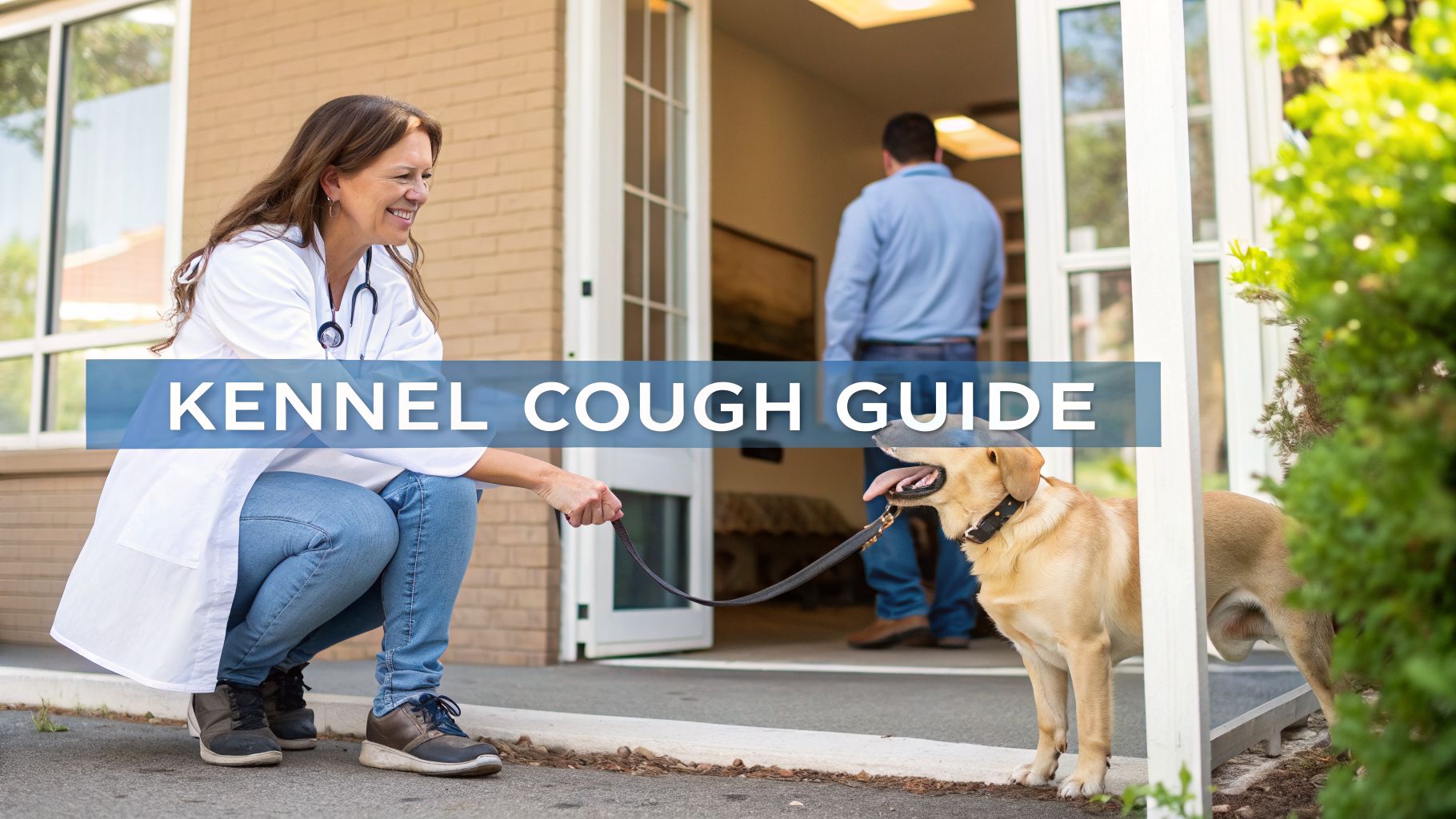 A smiling veterinarian kneels, holding a leash for a happy yellow lab dog, with "KENNEL COUGH GUIDE" text.