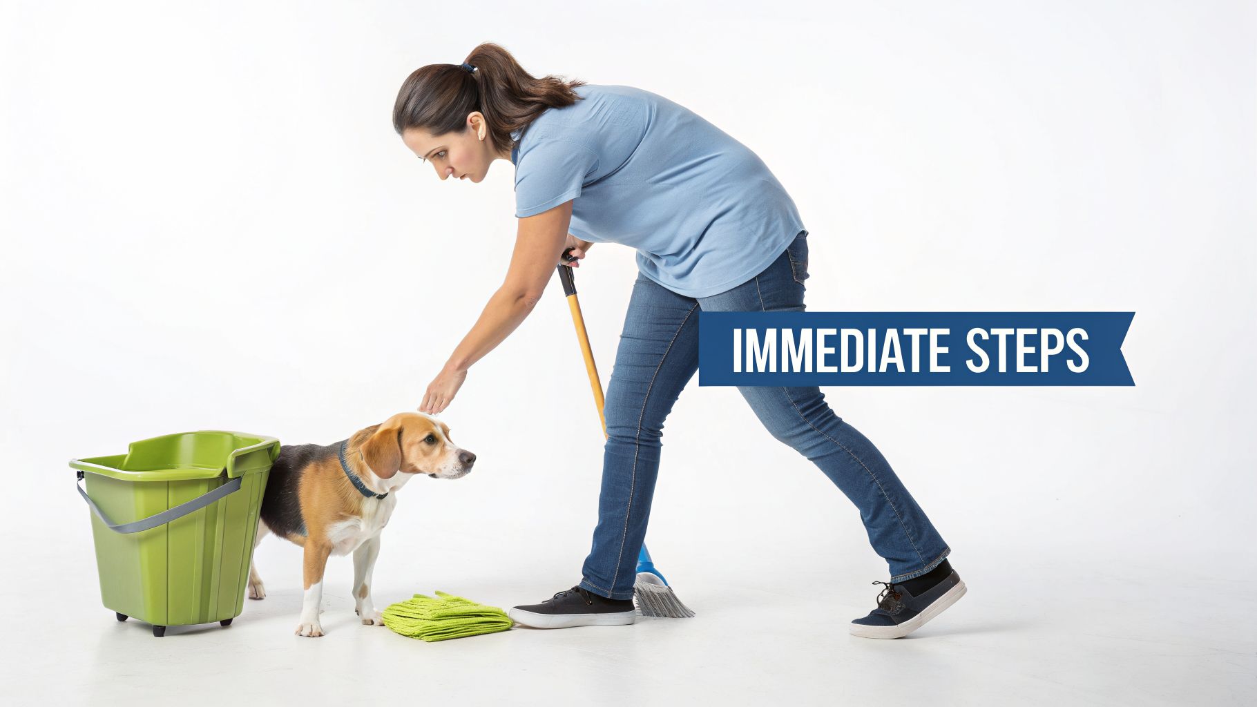 A woman comforts a beagle dog next to a mop and cleaning bucket, indicating immediate steps.