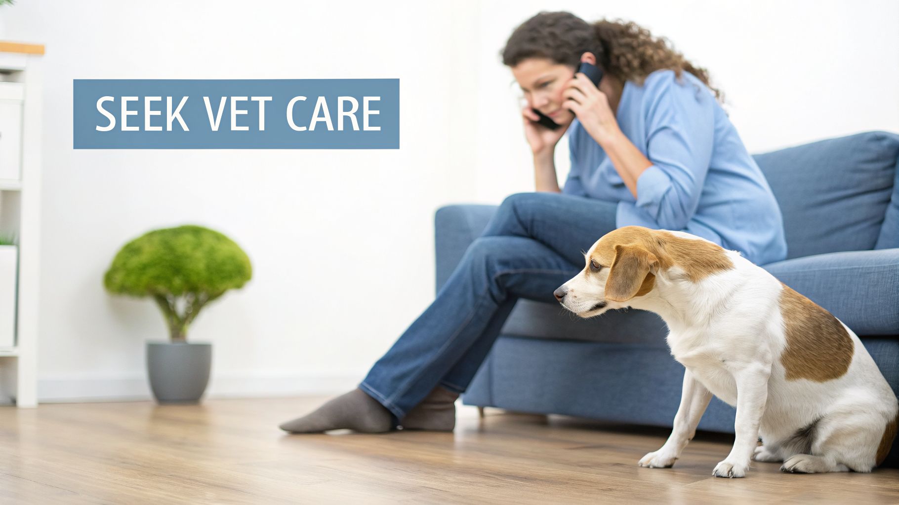 Owner on phone seeking veterinary care for her dog, with 'SEEK VET CARE' text.