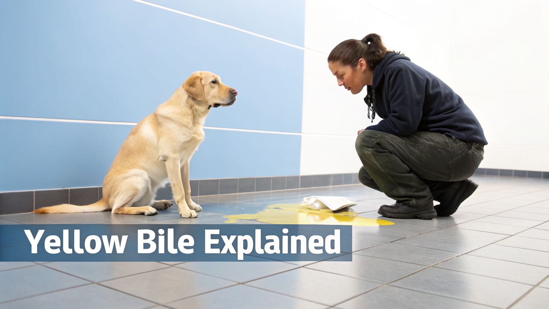 A concerned woman observes a yellow Labrador dog sitting beside a puddle of yellow bile on a tiled floor.