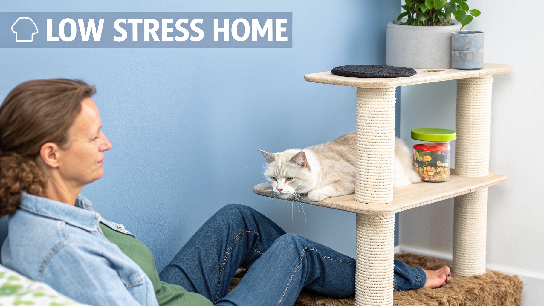 A woman sits on the floor next to a light wood cat tree with a cream-colored cat resting.