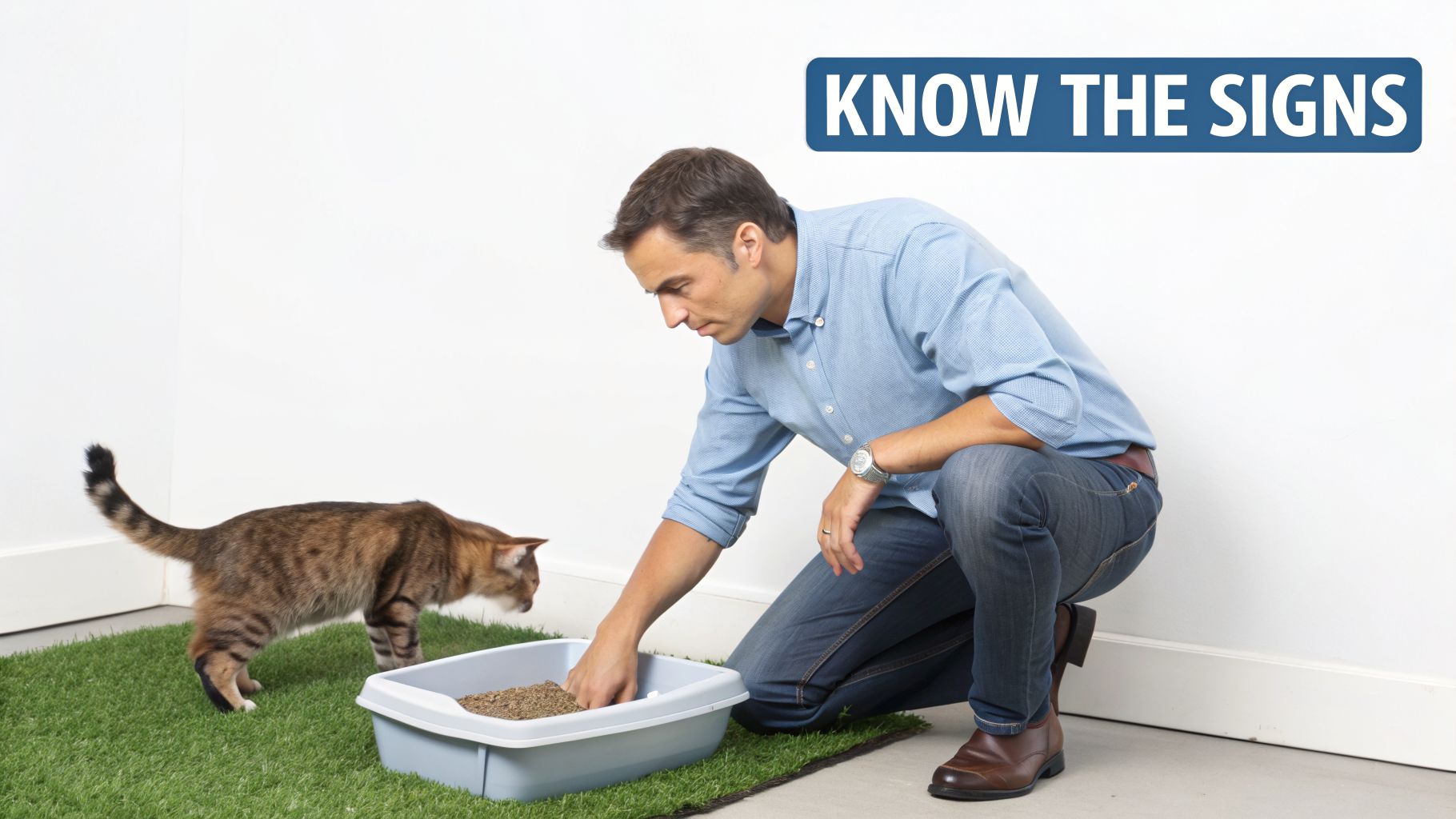 A man crouches beside a cat litter box on artificial grass, observing a tabby cat.