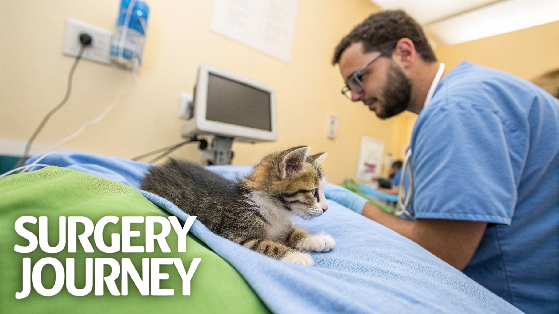 A veterinarian in blue scrubs examines a small tabby kitten on a table, preparing for surgery.