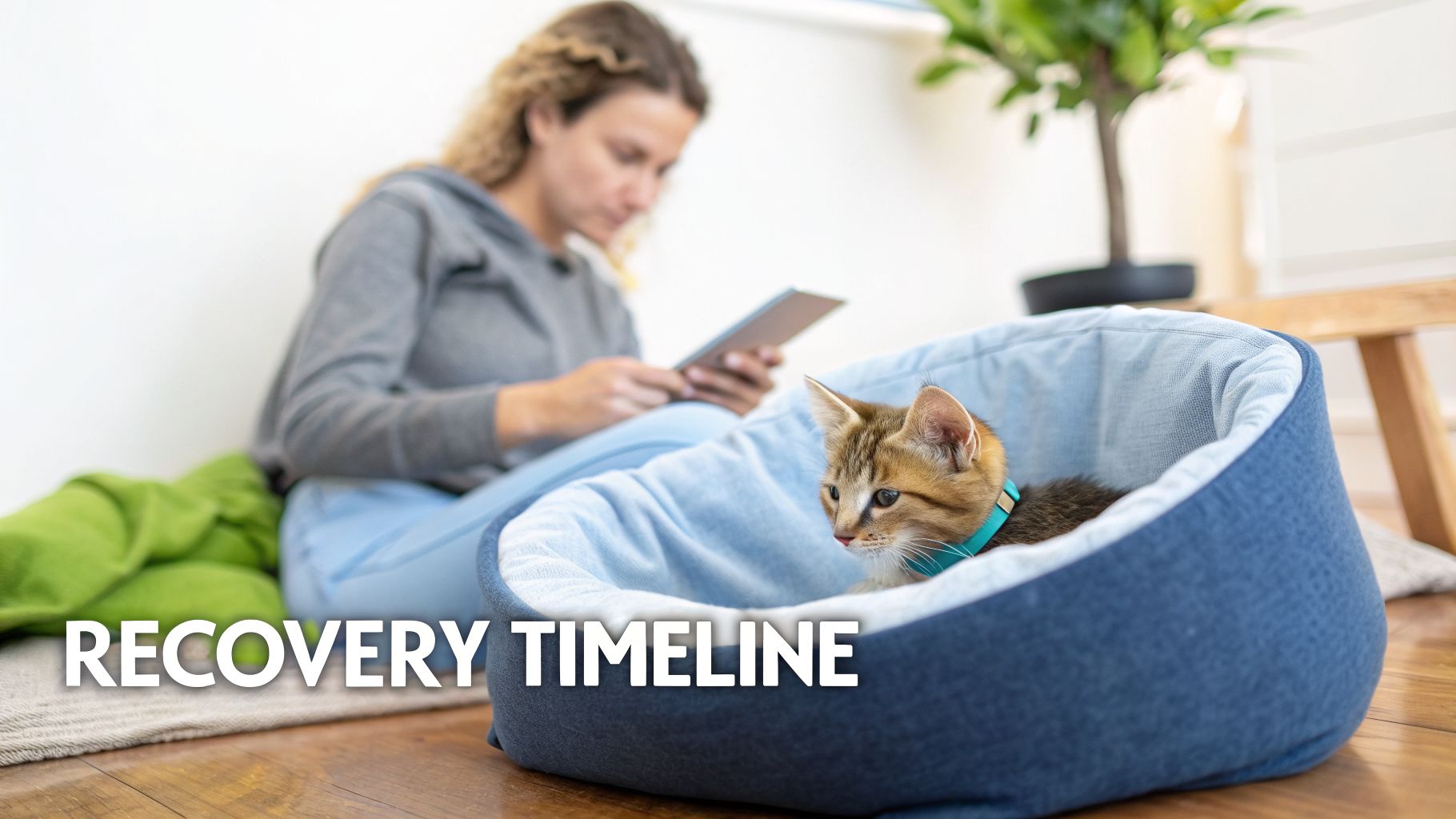 A small tabby kitten rests in a pet bed while a person reads a tablet in the background.