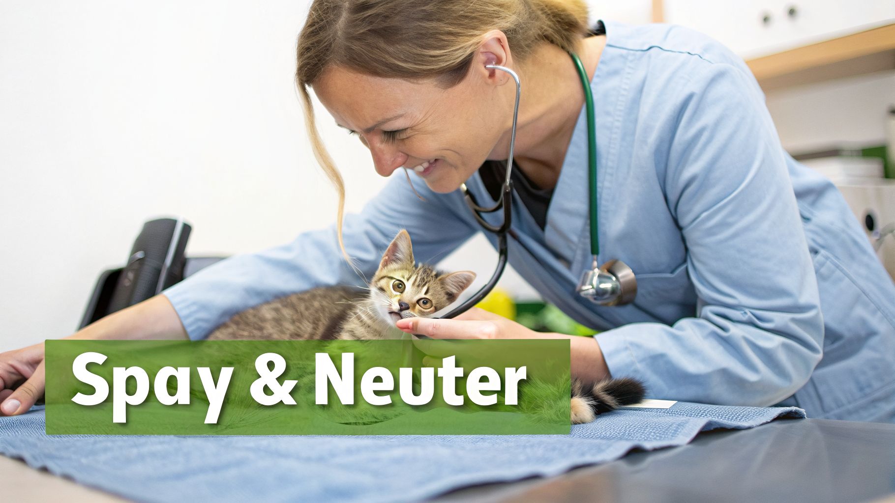 A smiling veterinarian uses a stethoscope to examine a cute tabby kitten, with a 'Spay & Neuter' overlay.
