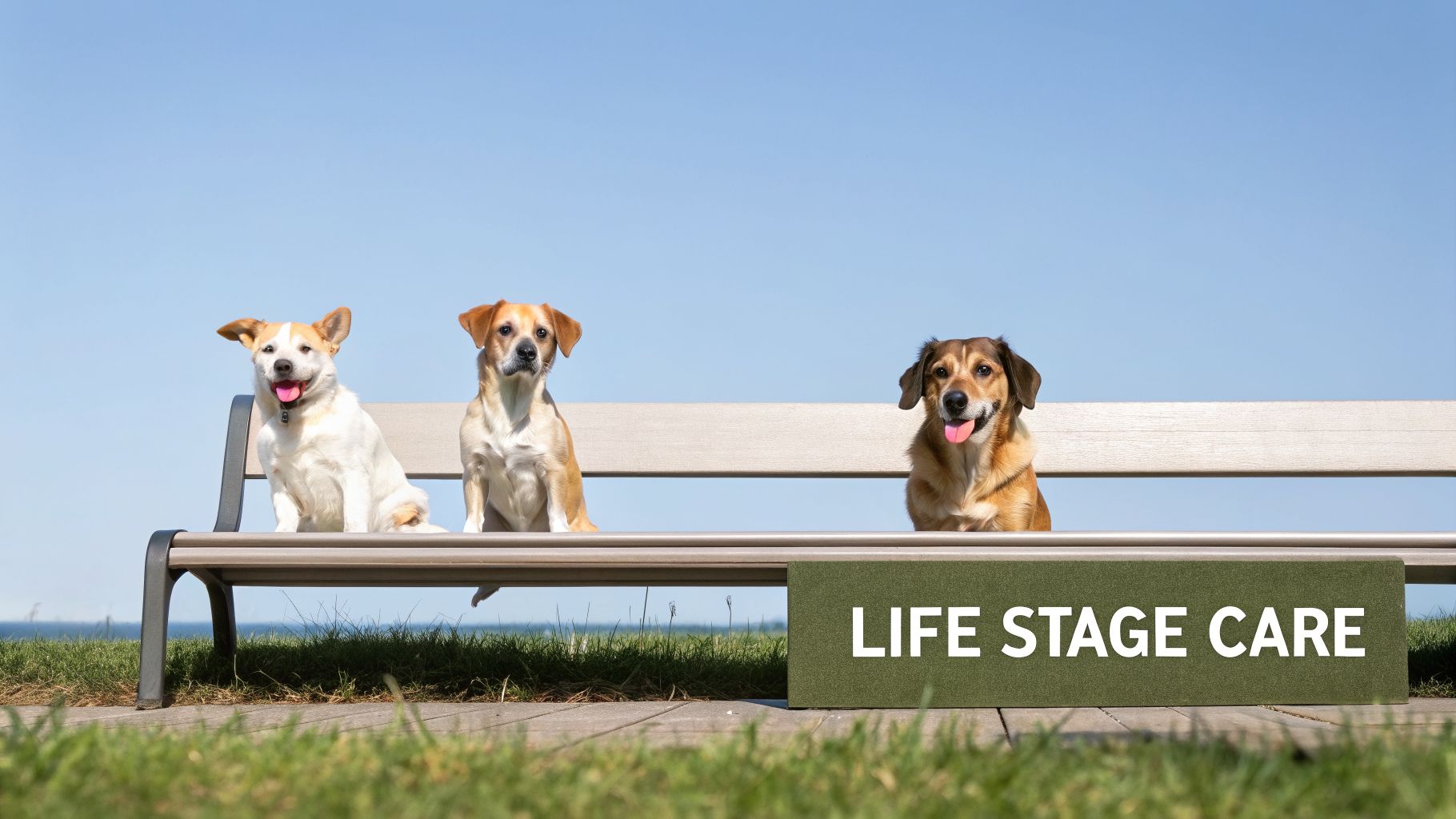 Three dogs of varying breeds sit happily on a park bench under a clear sky, with a 'LIFE STAGE CARE' sign visible.