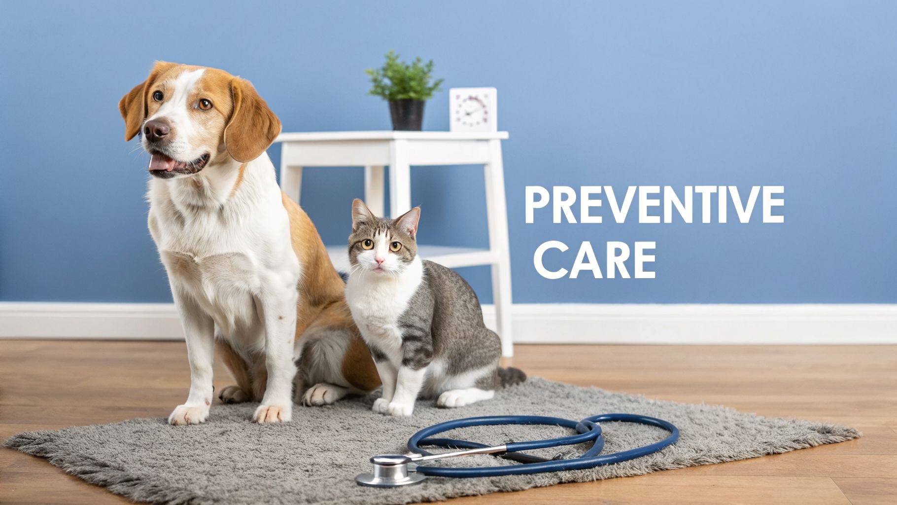 A happy dog and cat sit on a rug with a stethoscope, symbolizing preventive veterinary care.