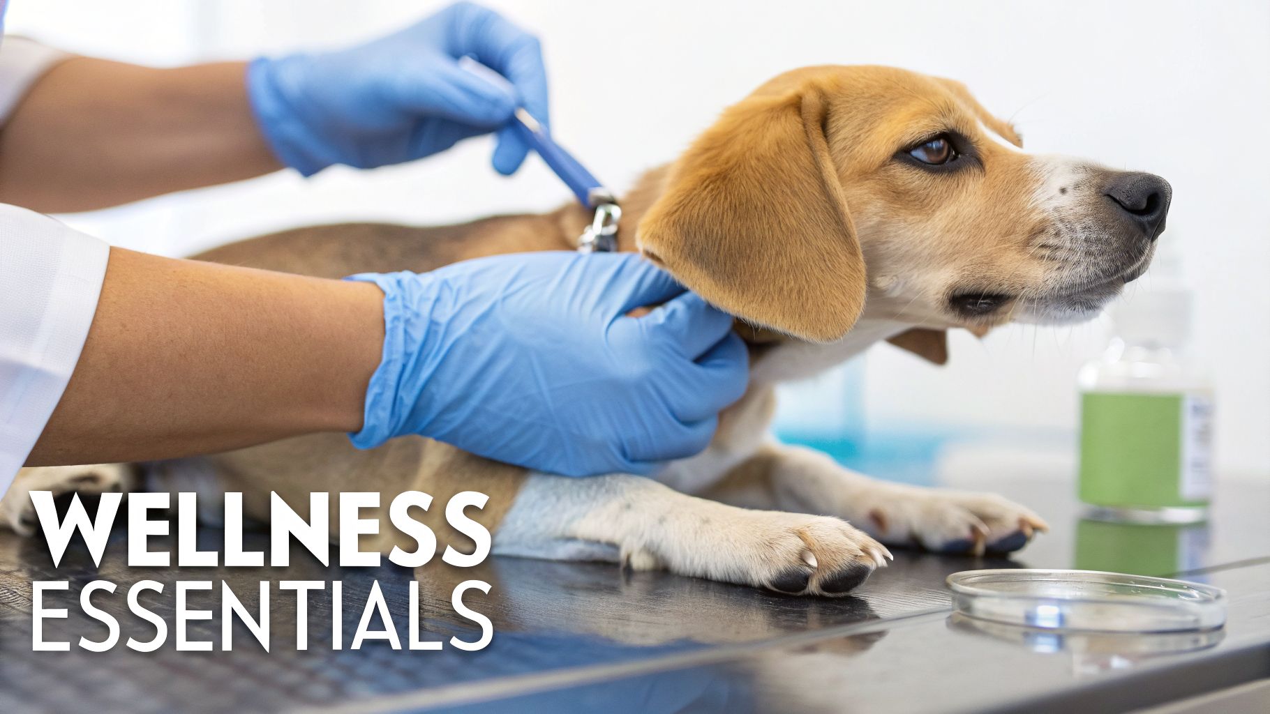 A veterinarian in blue gloves examines a beagle dog on an examination table, providing essential wellness care.
