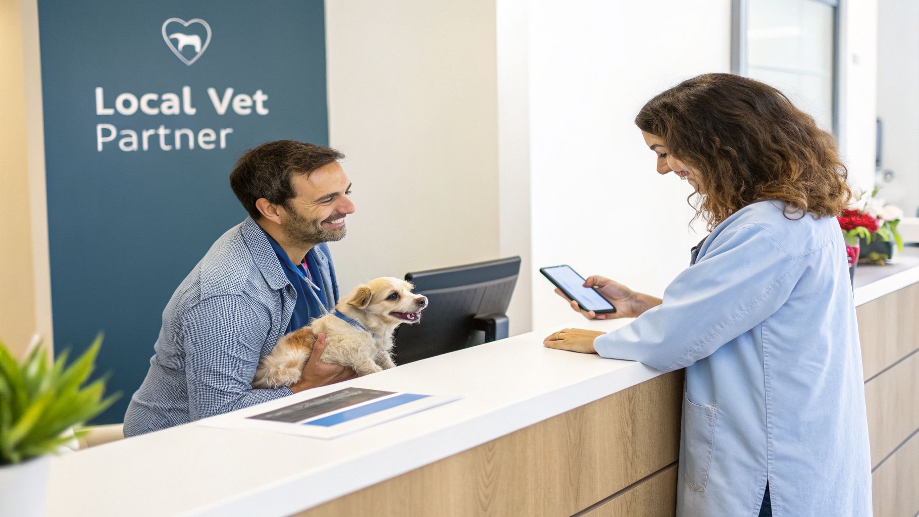 Happy man holding a dog checking in at a vet clinic reception with a friendly staff member.