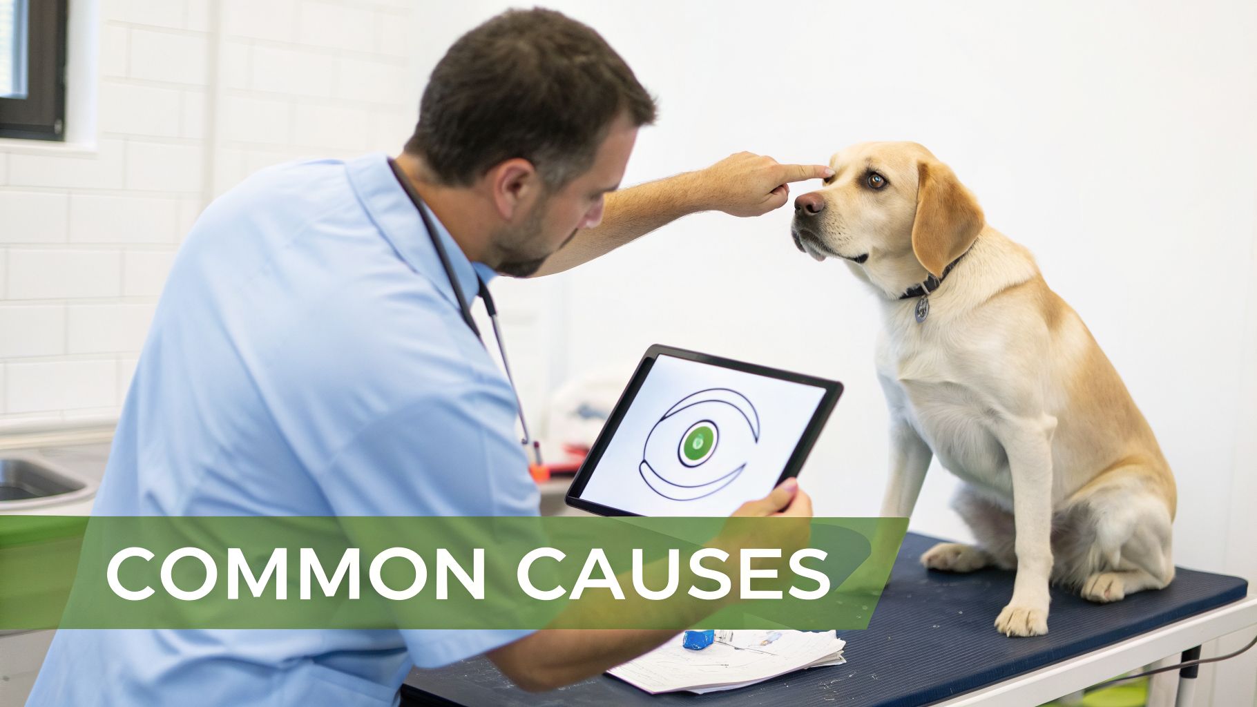 A veterinarian gently examines a yellow Labrador dog's eye in a clinic, holding a tablet with an eye diagram.