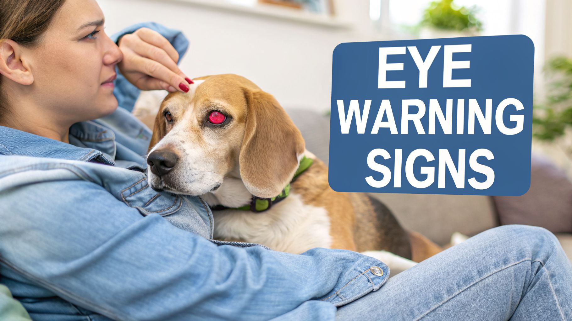 Woman comforts a beagle dog with a visible red, possibly infected eye, next to a 'EYE WARNING SIGNS' graphic.