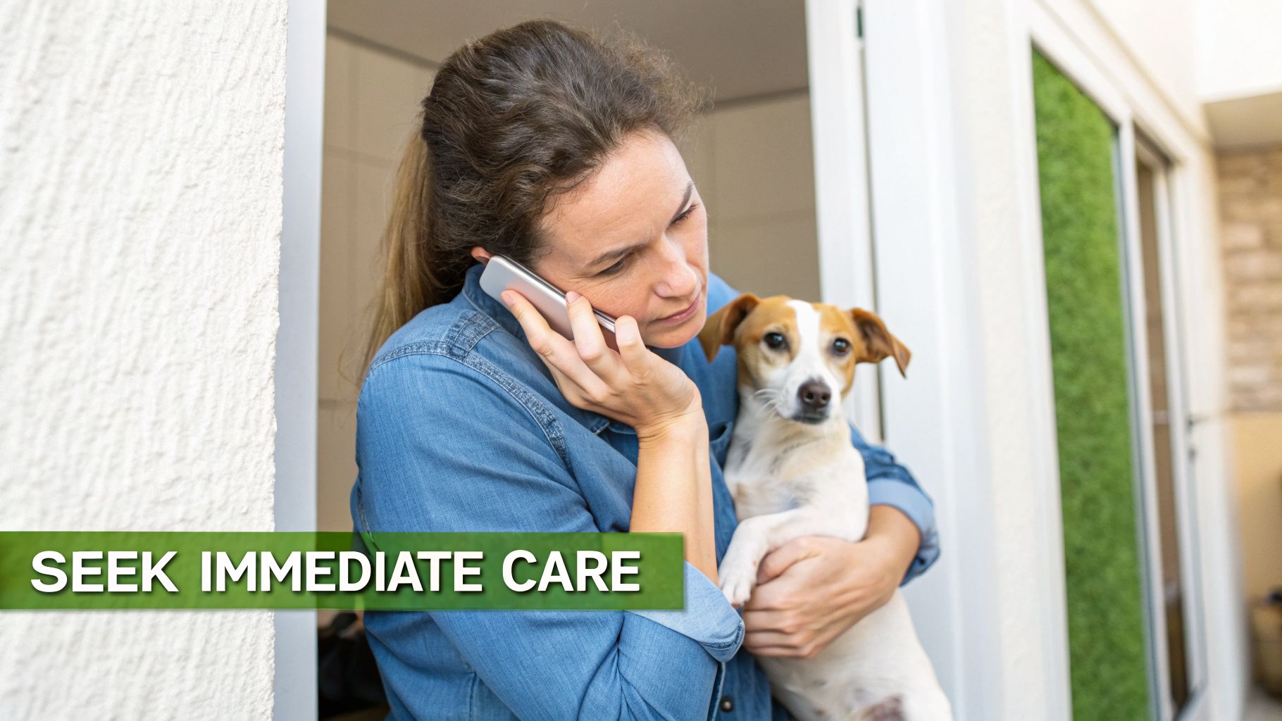 A concerned woman holds her dog while talking on a phone, with text 'Seek Immediate Care'.