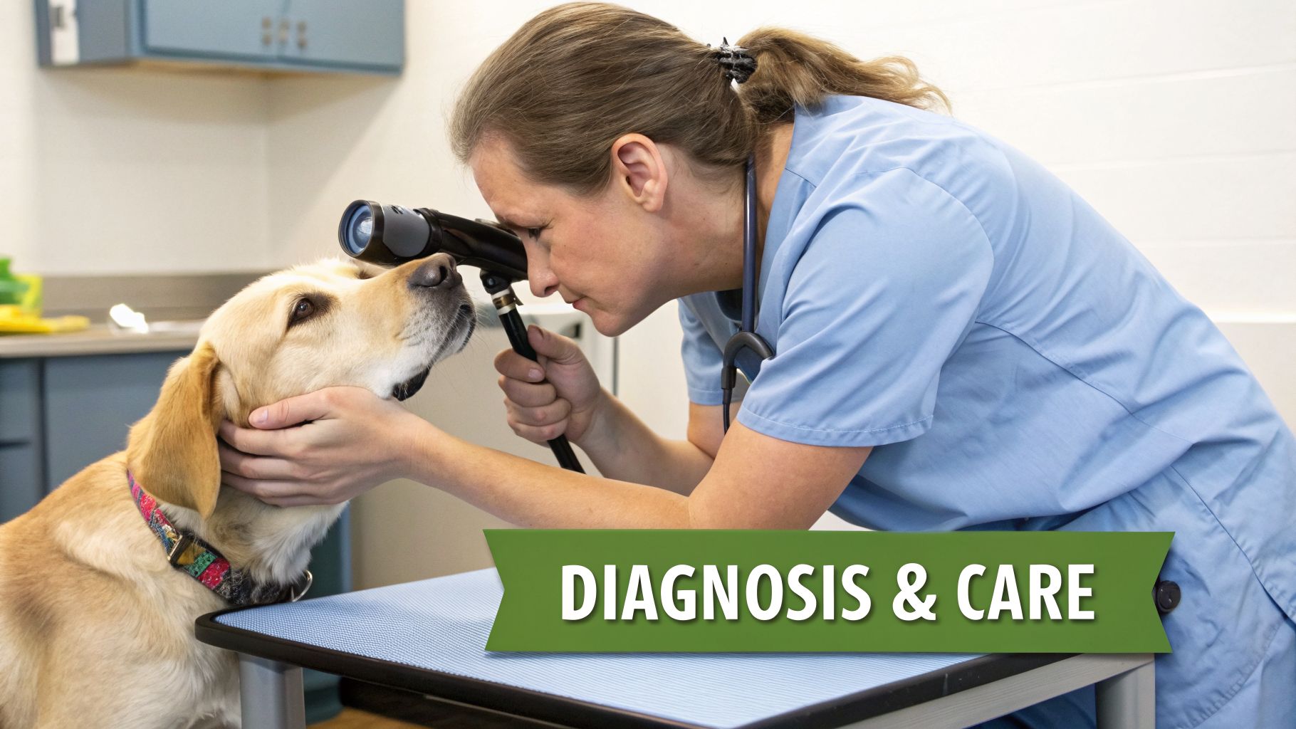 A female veterinarian uses an ophthalmoscope to examine the eye of a golden retriever dog.