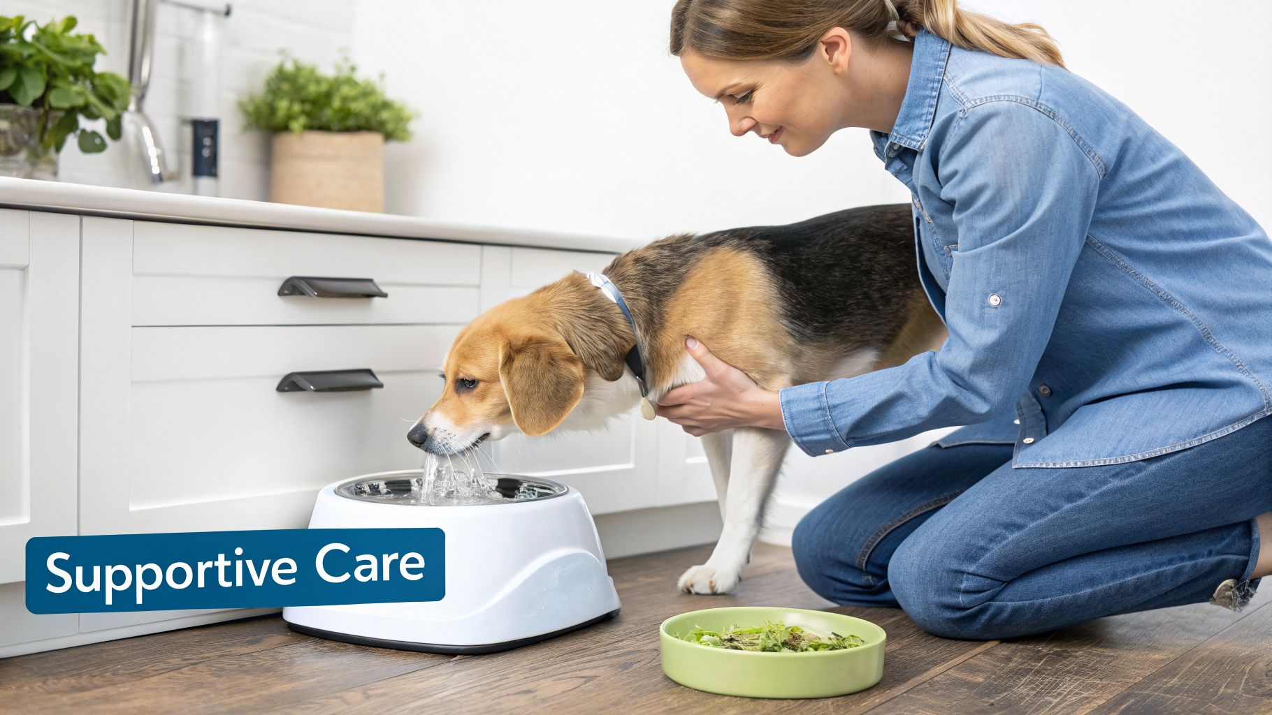 A woman gently supports a beagle dog as it drinks water from a pet fountain in a kitchen.