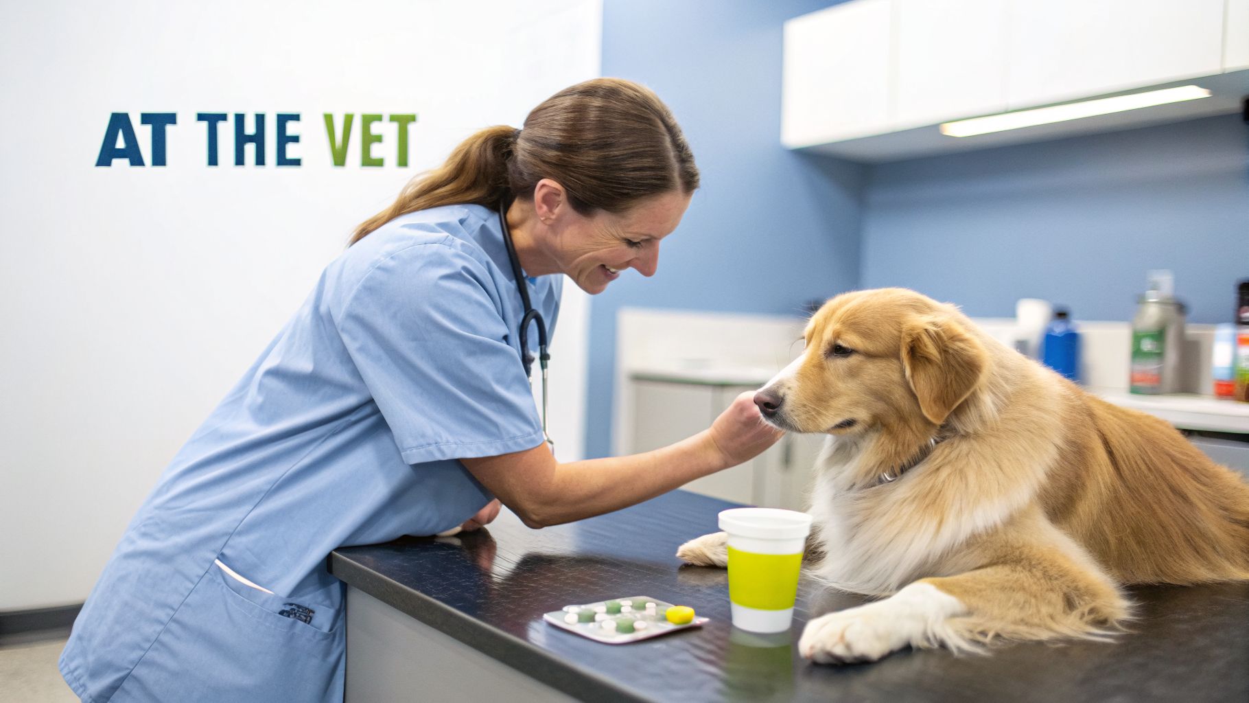 A smiling female veterinarian gently pets a golden-brown dog on an examination table.