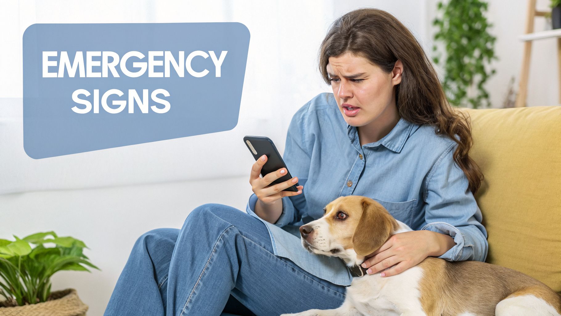 A concerned woman looks at her phone while petting her beagle dog, with “EMERGENCY SIGNS” displayed.