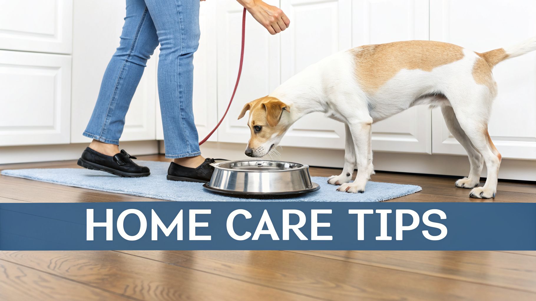 A person with a dog on a leash looking at a metal food bowl on a mat, with a 'HOME CARE TIPS' banner.