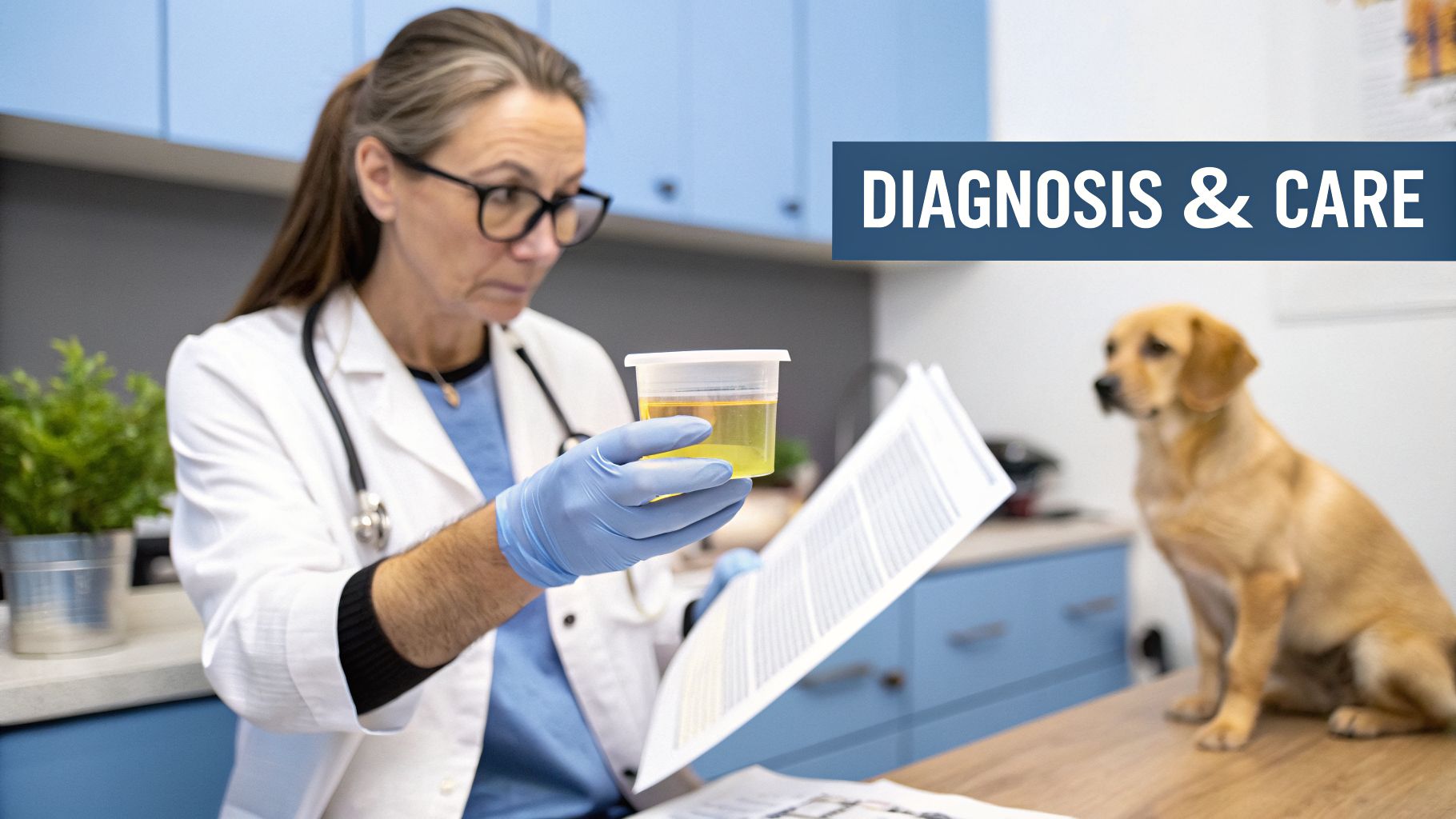 Veterinarian in a clinic reviews a dog's urine sample and documents for diagnosis and care.