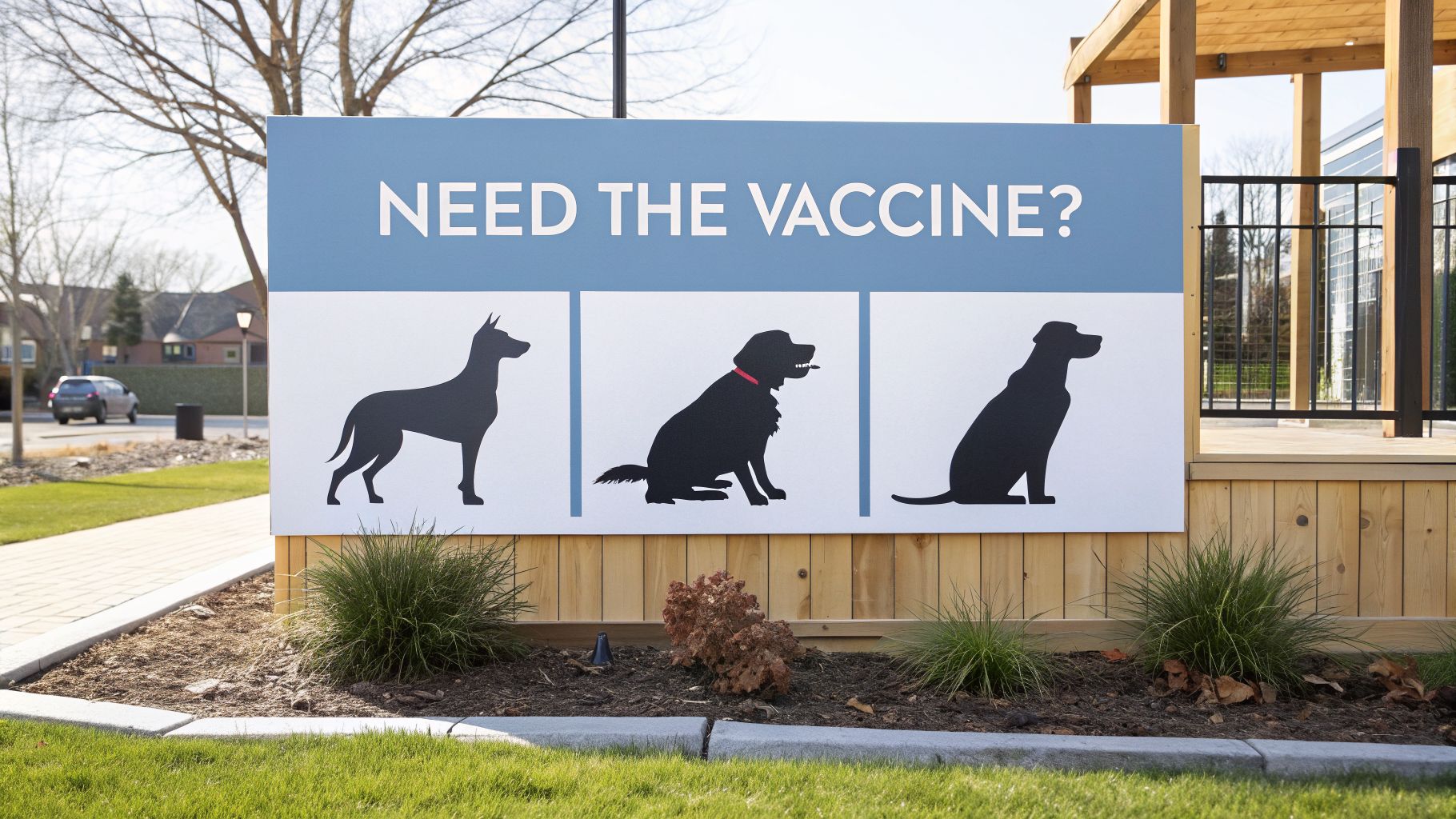 Outdoor sign asking "NEED THE VACCINE?" with silhouettes of three different dogs, promoting pet vaccination.