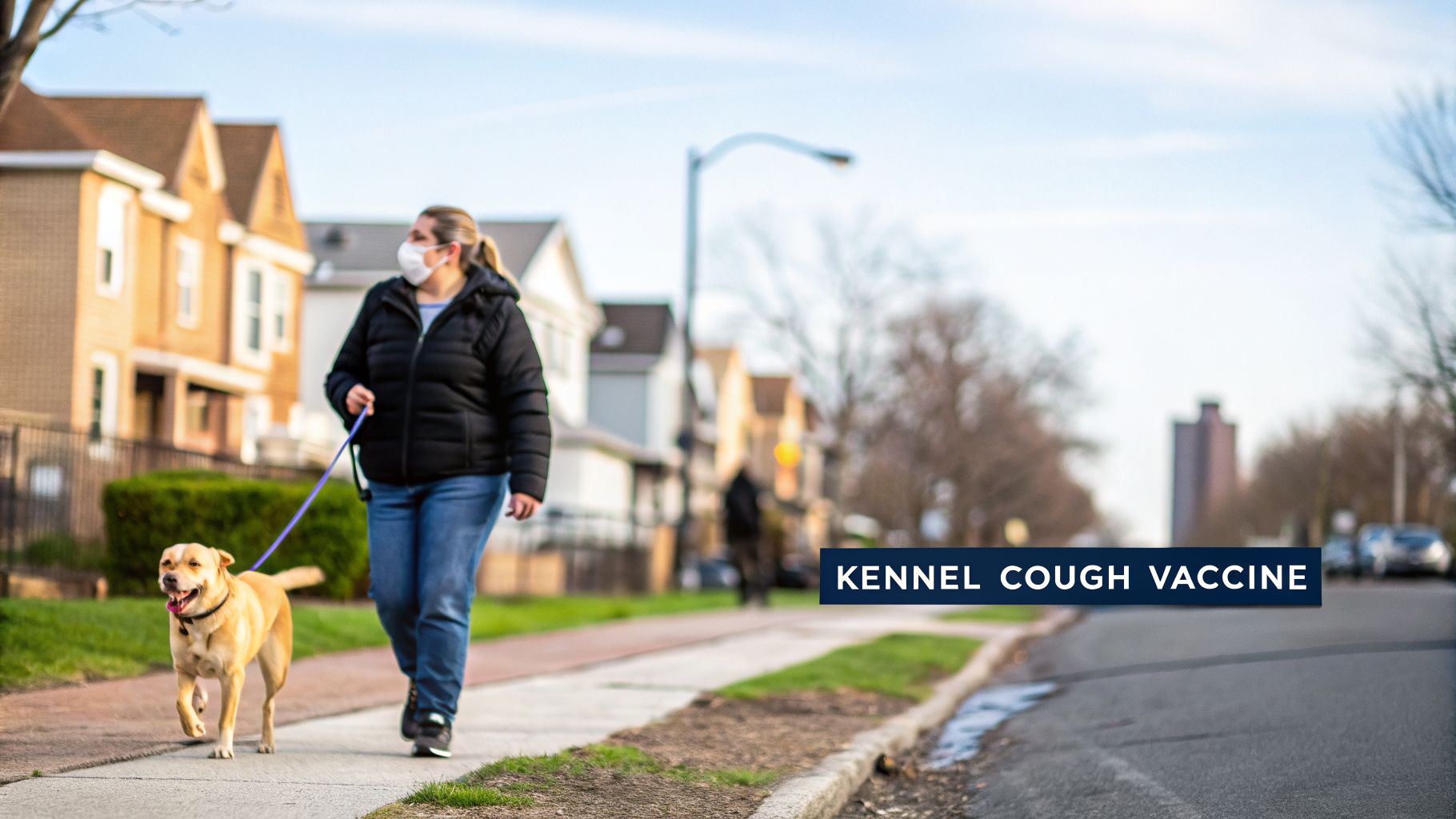 A masked woman walks her happy yellow Labrador dog on a leash down a residential street, with vaccine text overlay.