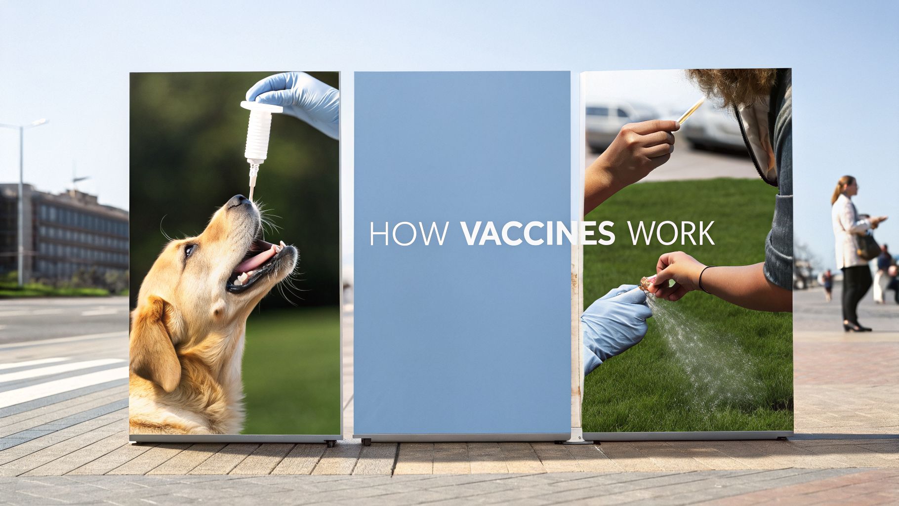 Three outdoor panels on a sidewalk explaining how vaccines work, showing a dog receiving a vaccine and a person spraying.
