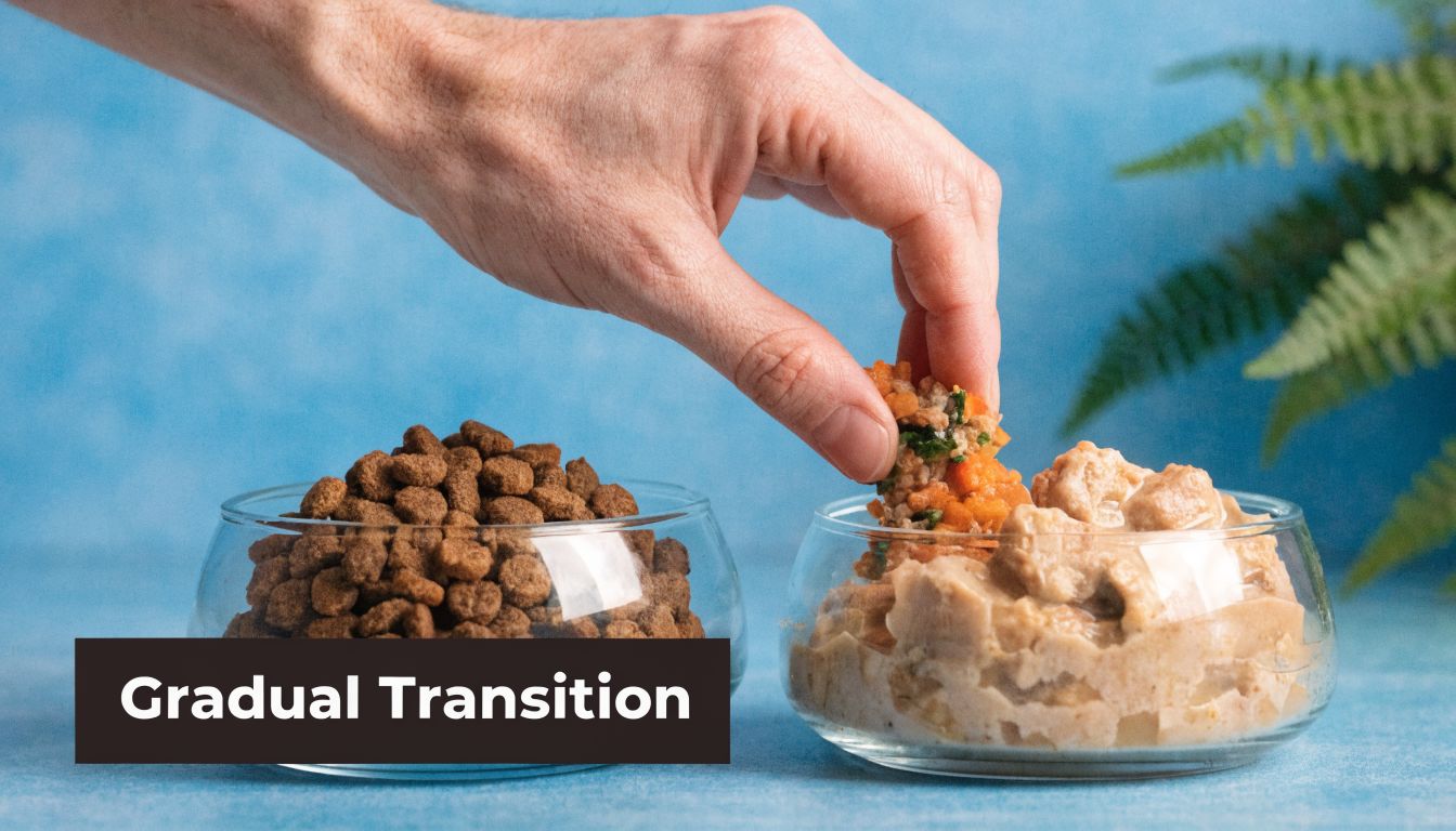 A hand placing fresh cat food into a bowl beside a bowl of dry cat kibble.