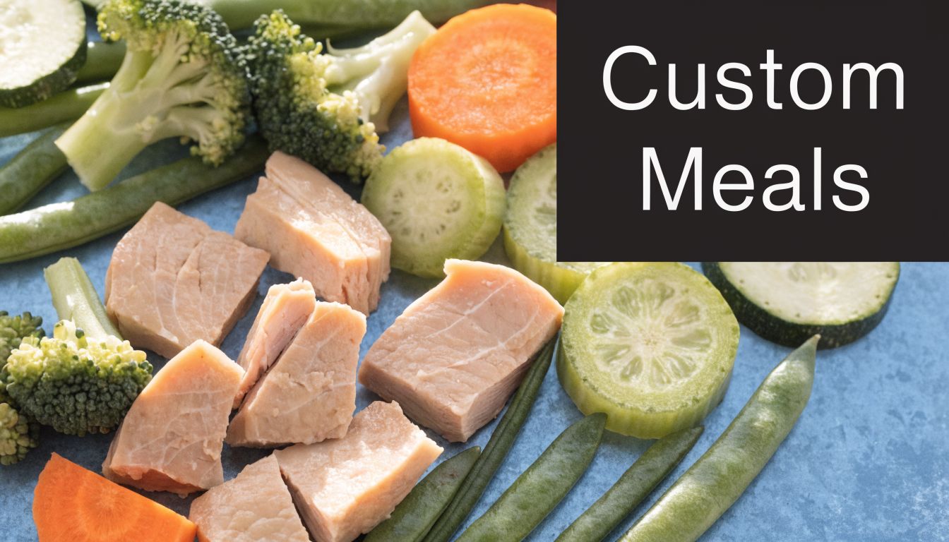 A selection of healthy chopped cooked salmon pieces with fresh vegetables like broccoli, carrots, and cucumber slices.