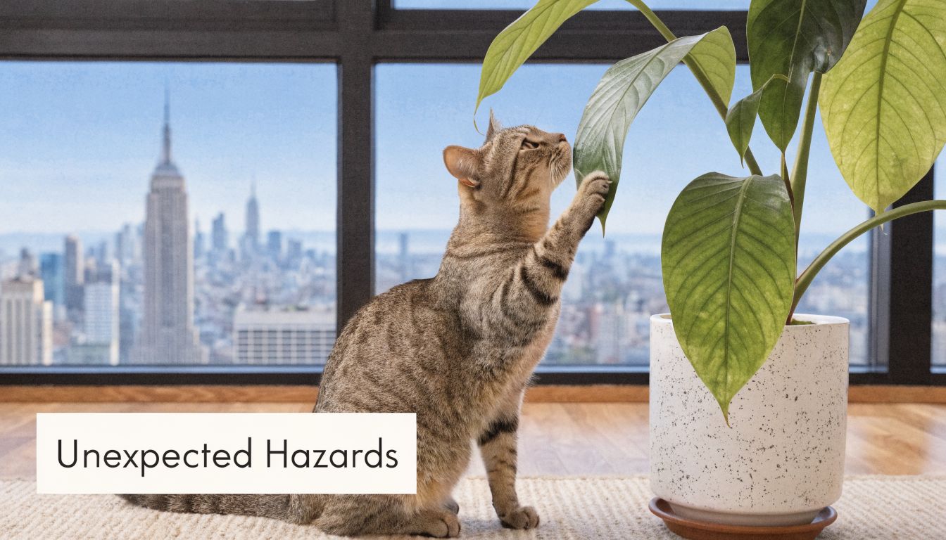 A tabby cat curiously batting at the leaf of a large houseplant in a high-rise city apartment.