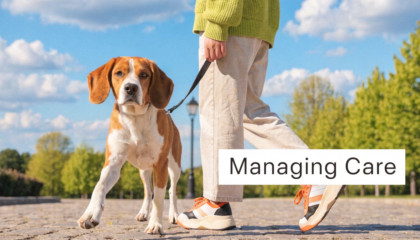 A person walks a beagle on a paved path in a sunny park with blue skies.