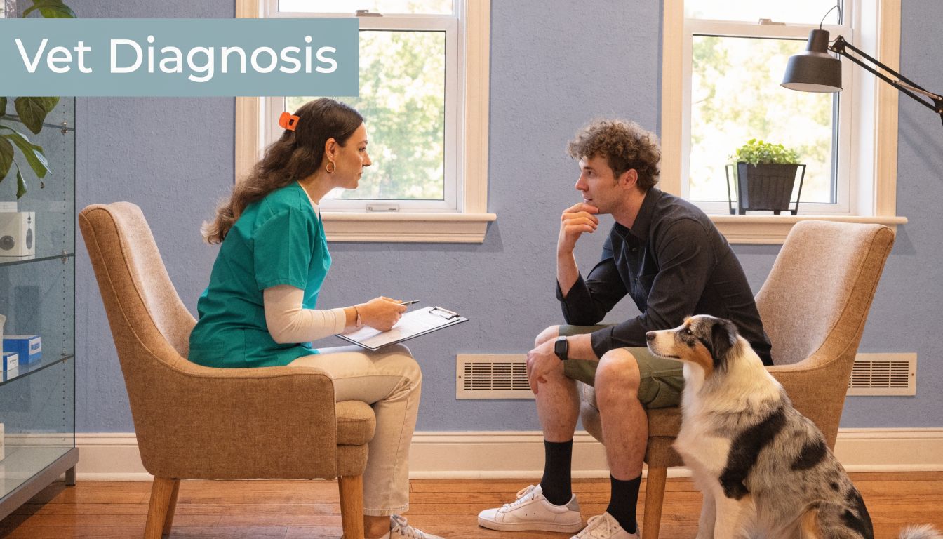 A veterinarian in a teal scrub top discusses medical information with a pet owner and their dog.