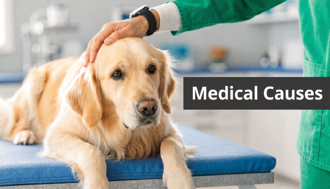 A veterinarian gently petting a Golden Retriever dog lying on a veterinary examination table for a checkup.