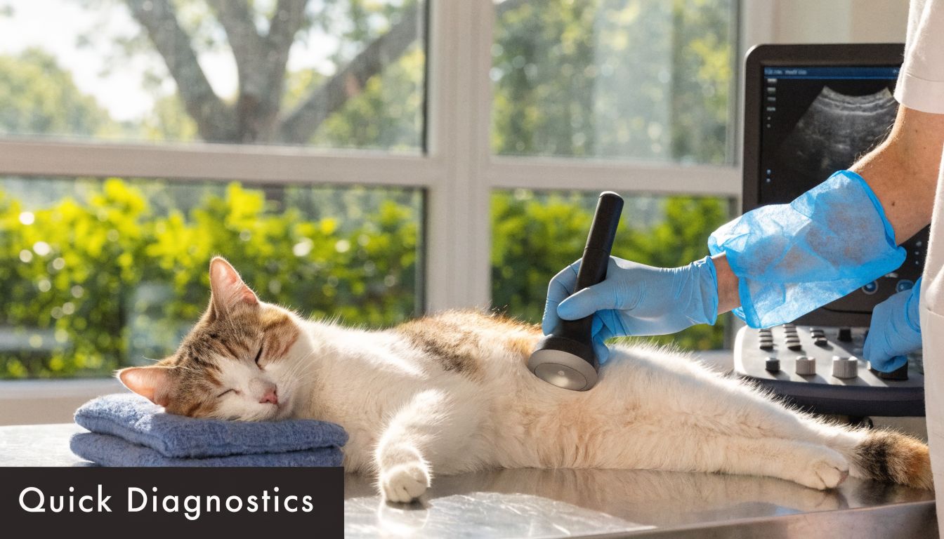 A veterinarian performs an ultrasound examination on a resting cat in a bright, modern clinic setting.