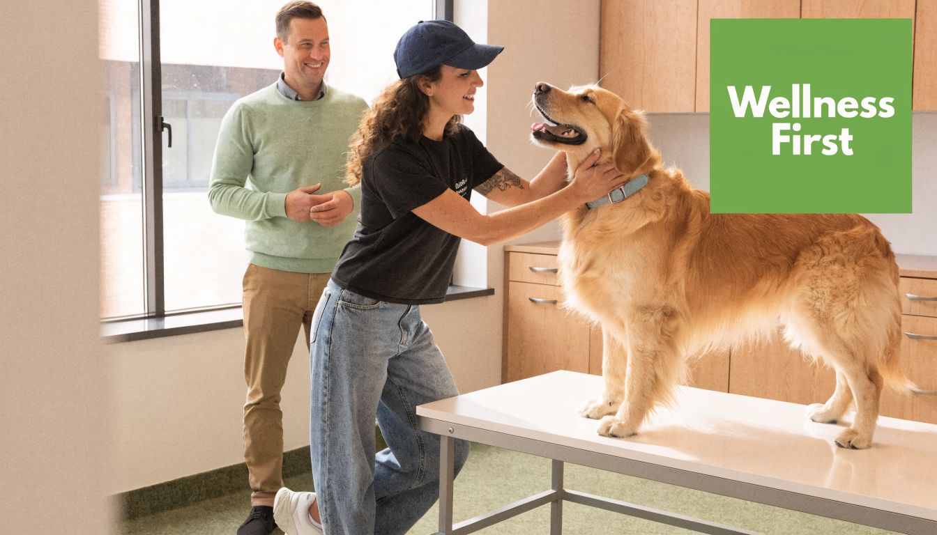 A veterinarian examining a friendly golden retriever on an exam table while the dog owner watches nearby.