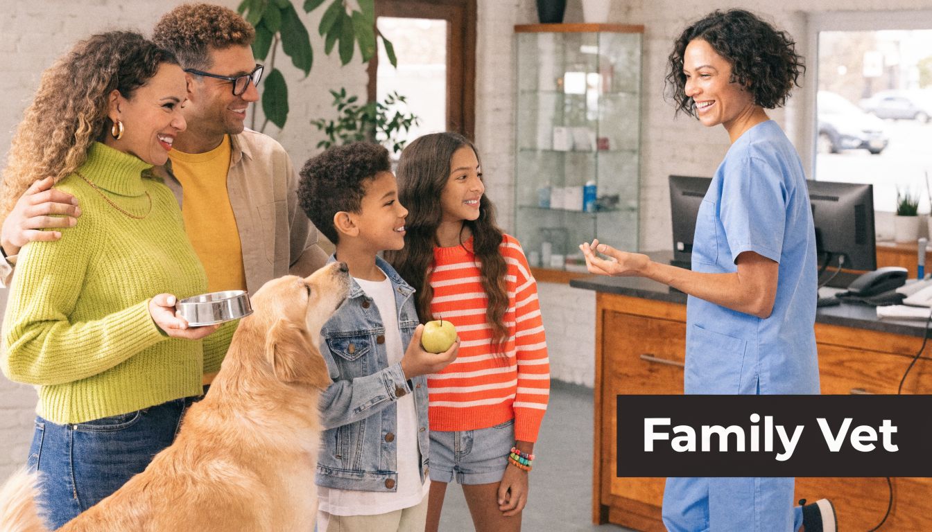 A diverse family brings their golden retriever dog to visit a friendly veterinarian for professional pet care.