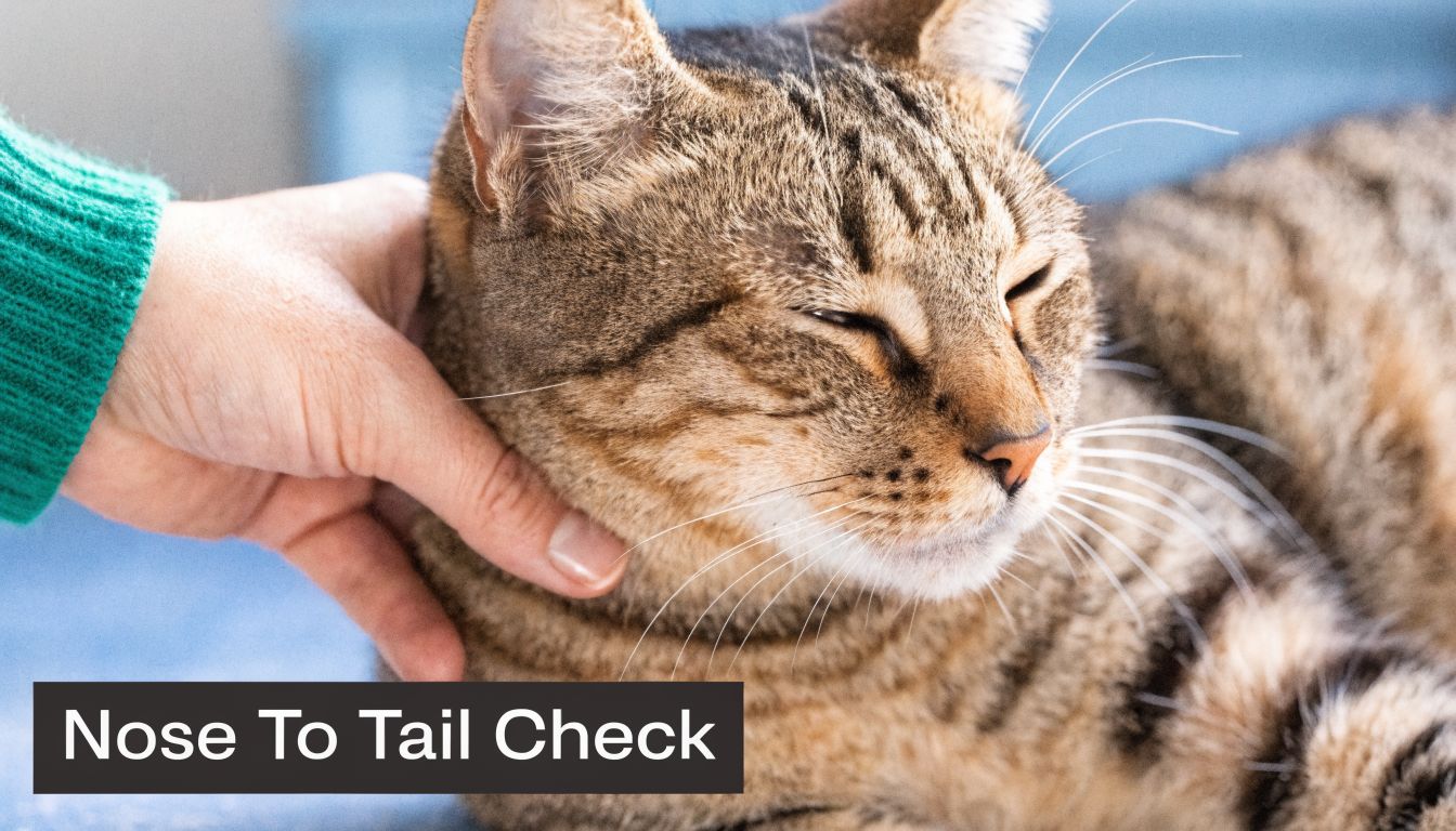 A close-up view of a person petting a cat, illustrating a routine nose to tail health check.