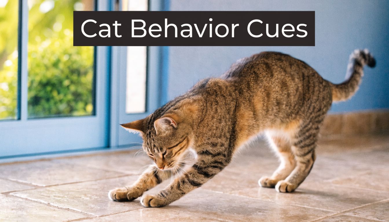 A brown tabby cat stretching its body and front paws on a tiled floor near a door.