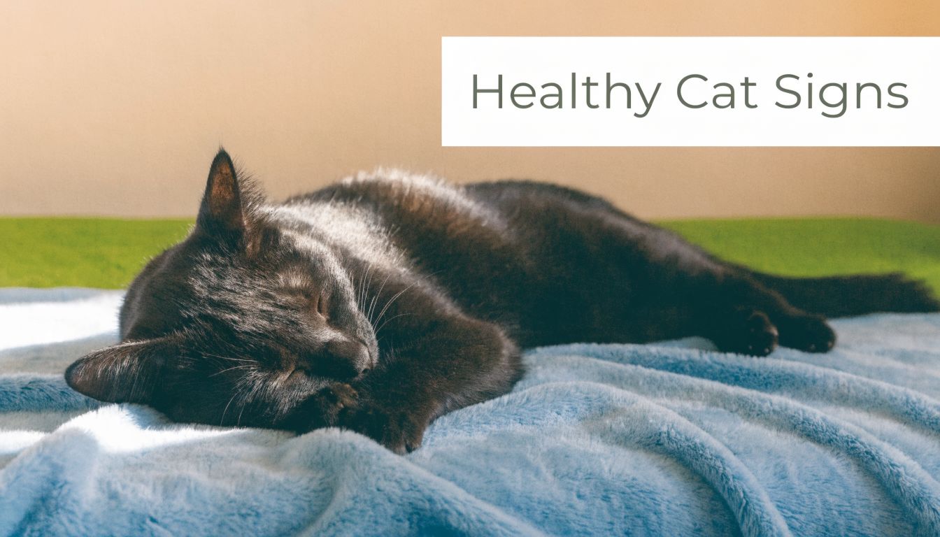 A black cat sleeping peacefully on a soft blue blanket under a Healthy Cat Signs header.