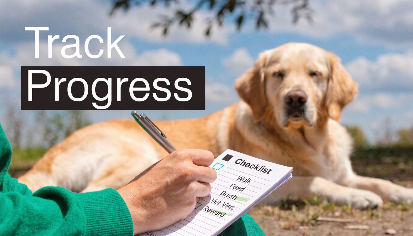 A person writing on a dog care checklist while a golden labrador rests in the background.
