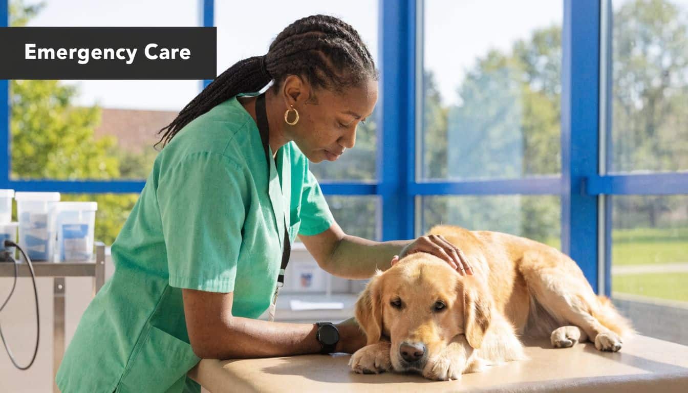 A female veterinarian wearing scrubs gently comforts a golden retriever lying on an examination table.