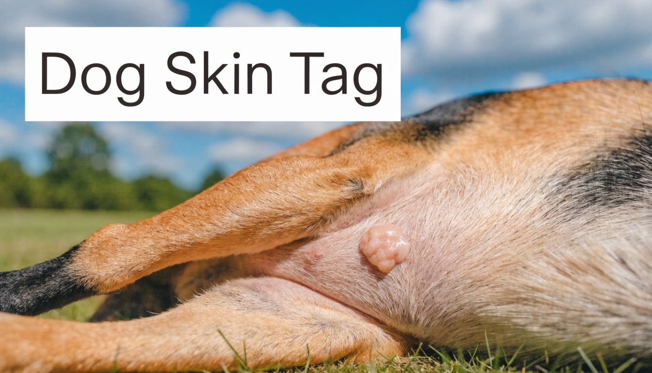 A close-up view of a flesh-colored skin growth or tag on the abdomen of a German Shepherd dog.