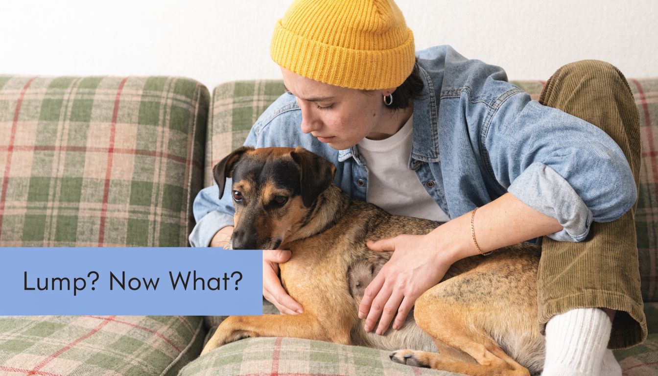 A person in a yellow beanie gently examining a lump on their dog's side while sitting together.