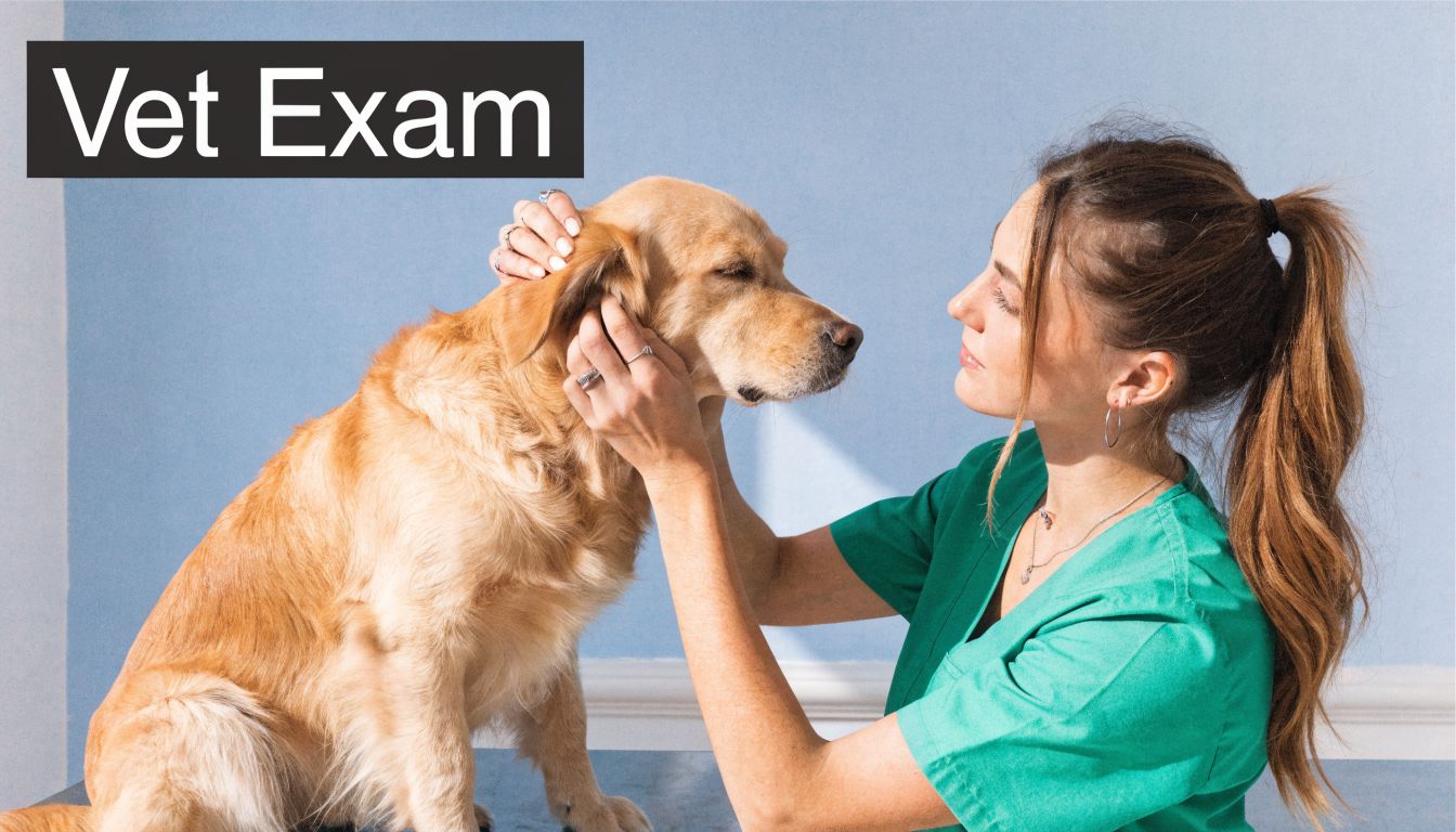 A female veterinarian wearing green scrubs gently examining the ears of a golden retriever during a checkup.